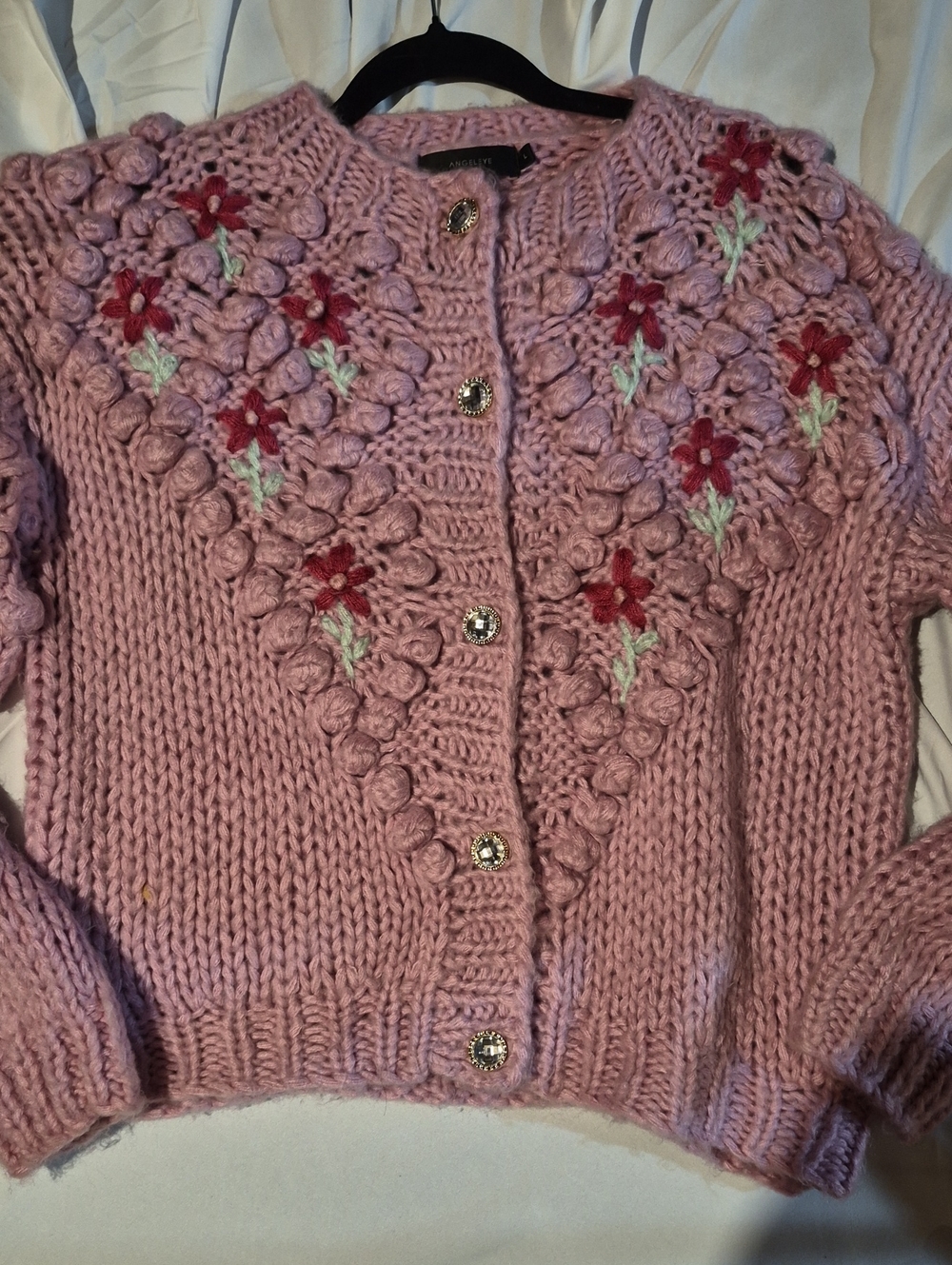 Chunky Pink Floral Button-Front Cardigan Sweater